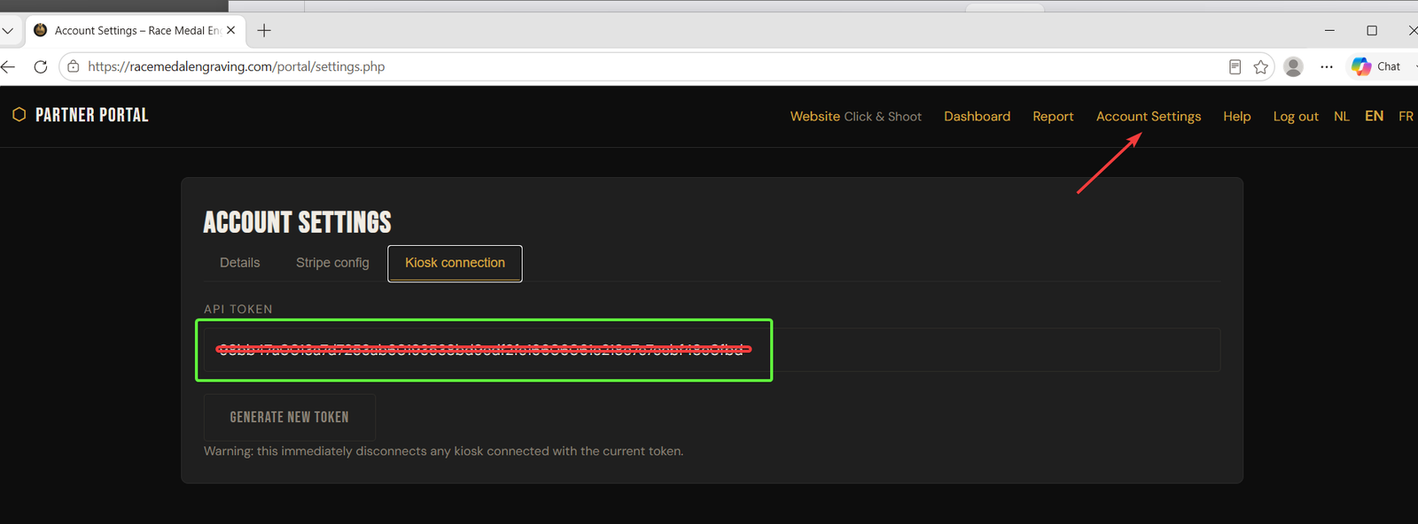 Partnerportaal: Account Settings, tabblad Kiosk connection met API-token
